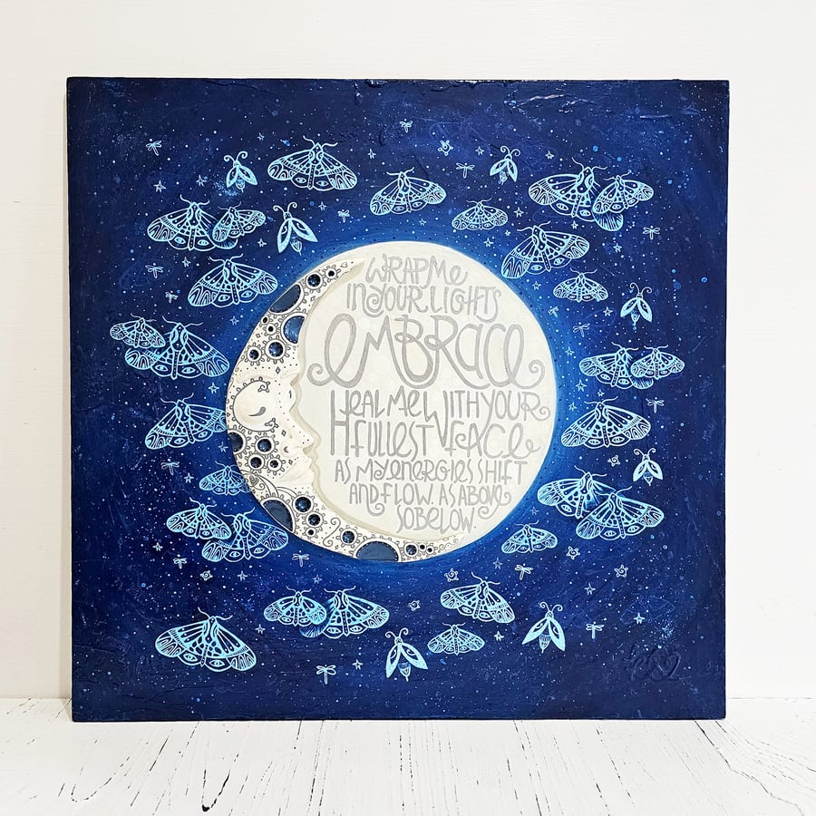 Original Moon Painting on MDF with Crescent Moon Sculpture MP-OF1