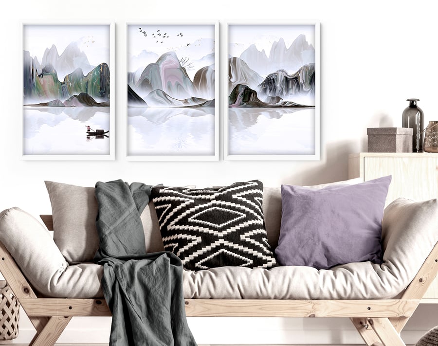Calming Watercolor Painting Print , Set of 3 Minimalist Wall Prints, Zen Wall 