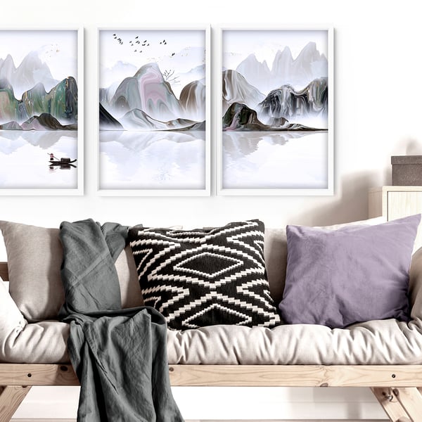 Calming Watercolor Painting Print , Set of 3 Minimalist Wall Prints, Zen Wall 