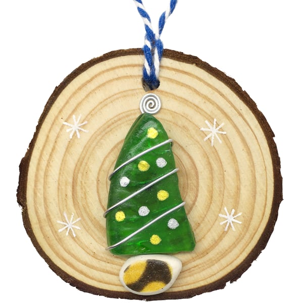 Green Scottish Sea Glass Christmas Tree Decorations. Handmade Wooden Baubles