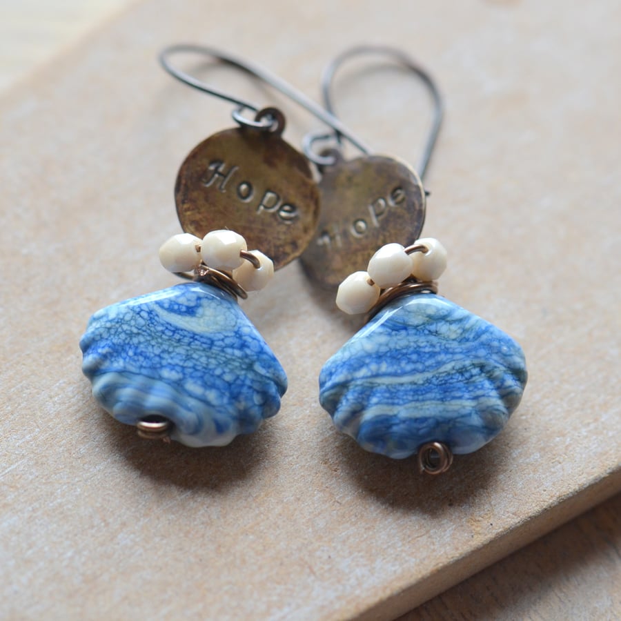 Copper Earrings with Lampwork Glass Blue Shells, Hope Brass Charms 