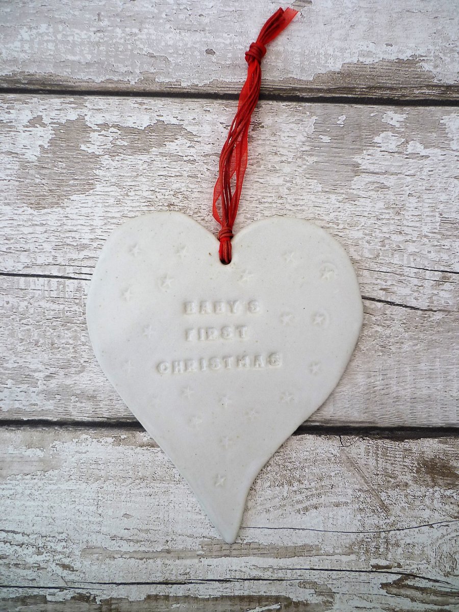 Baby's 1st Christmas' Loveheart hanger, gift idea, handmade pottery, christmas