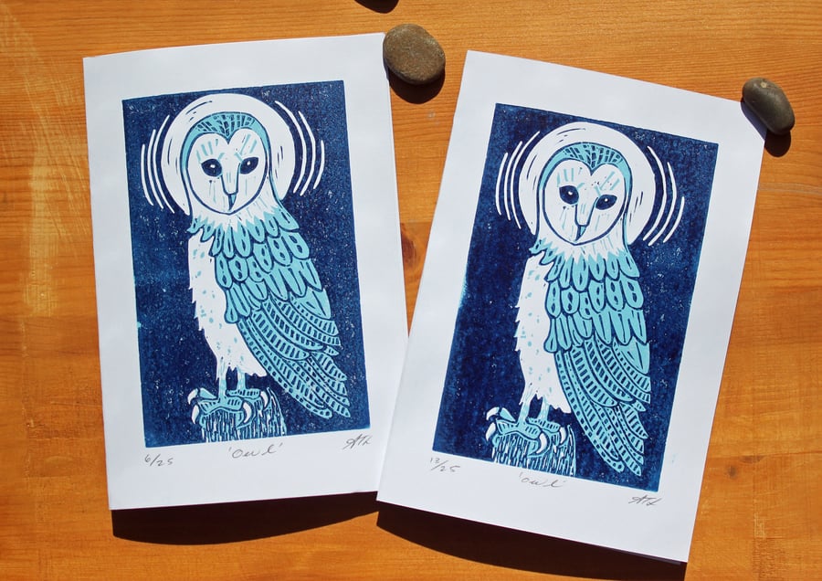 Barn Owl Lino Cut Hand printed Card 