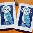 Barn Owl Lino Cut Hand printed Card 