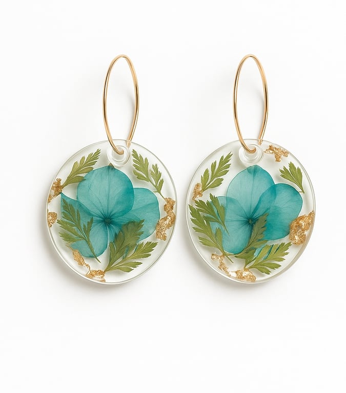 Blue Flower Oval Resin Earrings with Gold Leaf Botanical Dangles