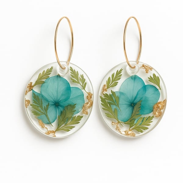 Blue Flower Oval Resin Earrings with Gold Leaf Botanical Dangles