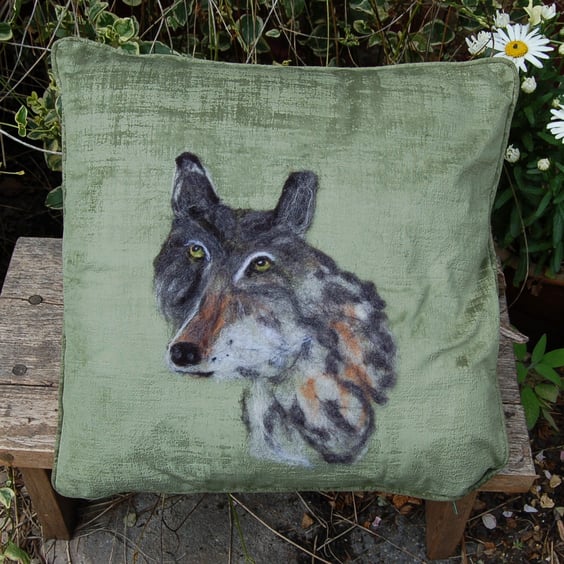 Seconds Sunday.  Wolf Cushion Cover, Textile art, Needlefelt wolf