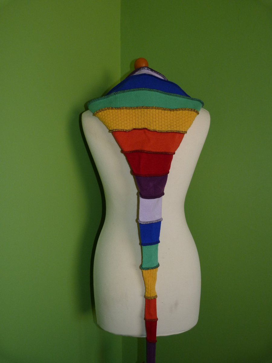 Long Hood with Neck Ties. Upcycled. Purple Rainbow. Faerie Festival Wear.