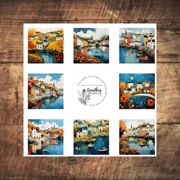 Quaint Harbour Village - Box Set of 8 different designed Illustrated cards