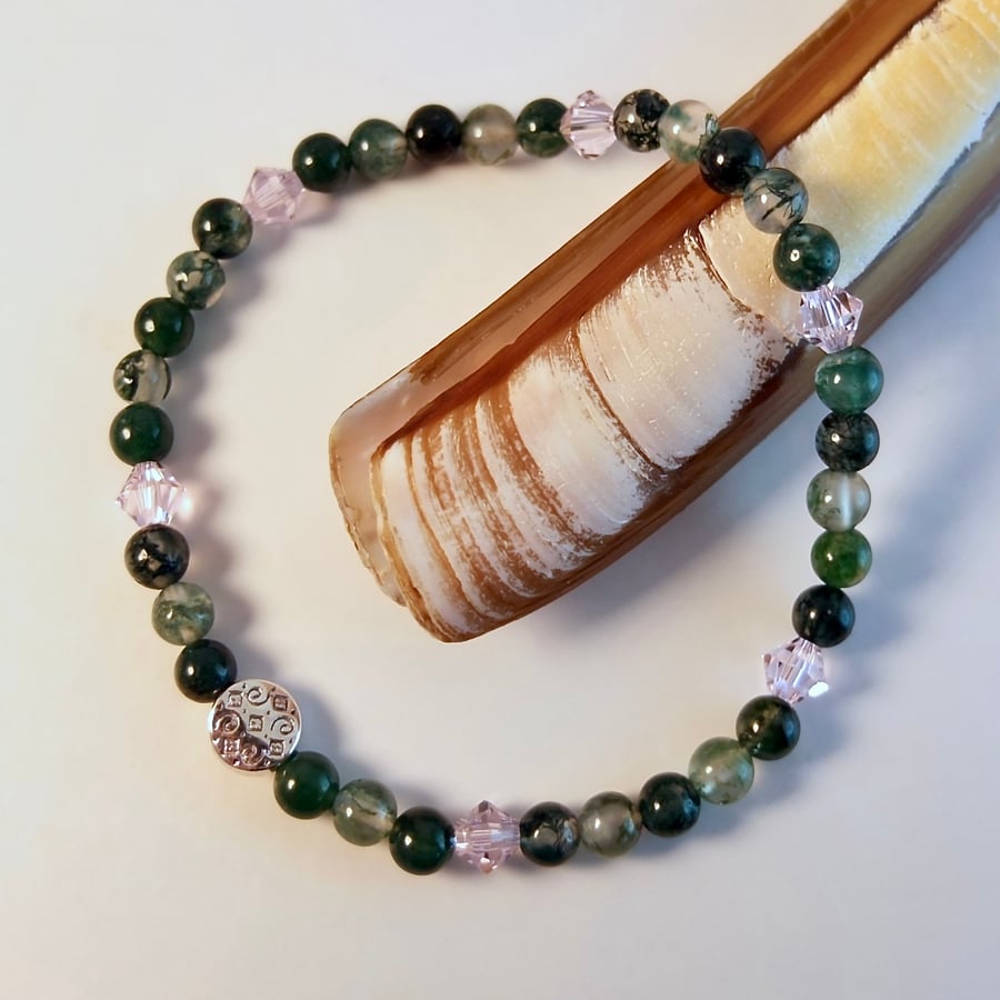 Moss Agate Bracelet With Pink Swarovski Crystals - Handmade In Devon