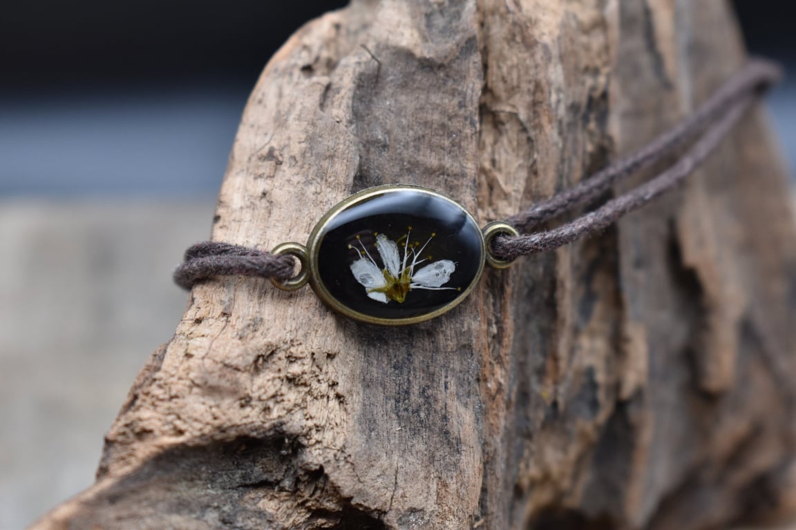 Adjustable Resin Bracelet with Real Blackthorn Flower, Waxed Cotton Cord