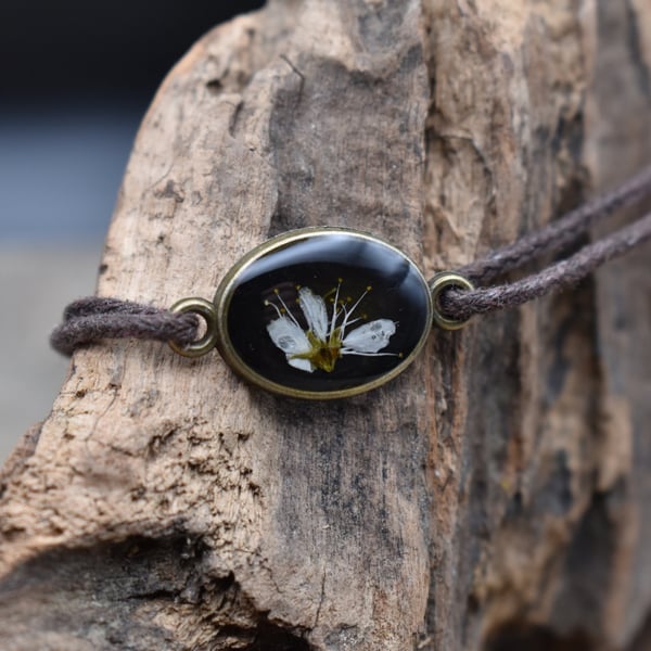 Adjustable Resin Bracelet with Real Blackthorn Flower, Waxed Cotton Cord