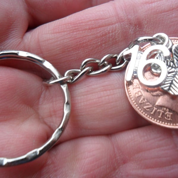 16th Birthday gift 2007 British coin keyring with a 16 charm