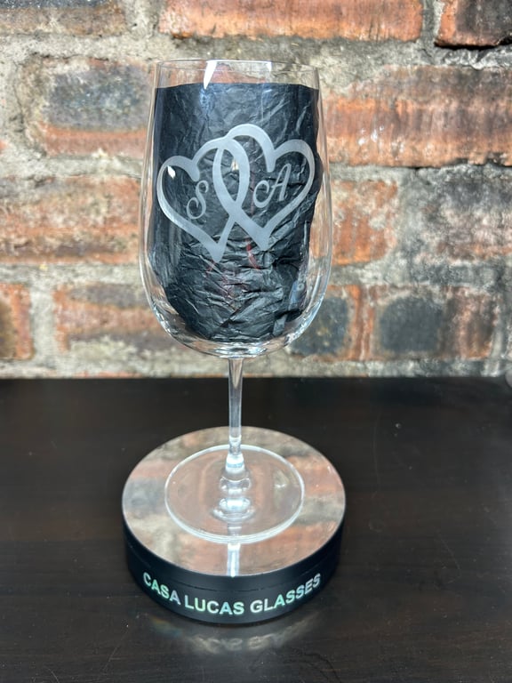 Hand Etched Wine Glass Double Heart Initials