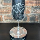 Hand Etched Wine Glass Double Heart Initials