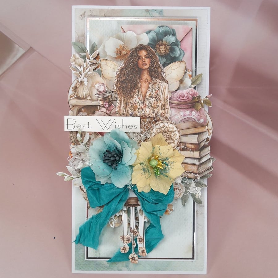 Luxury Handmade Best Wishes Card. Teal & Cream Floral 3D Greeting Card.(L)