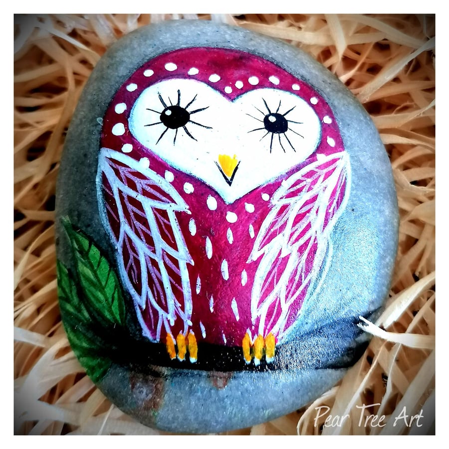  Rock Art Pink Owl, Hand Painted. 