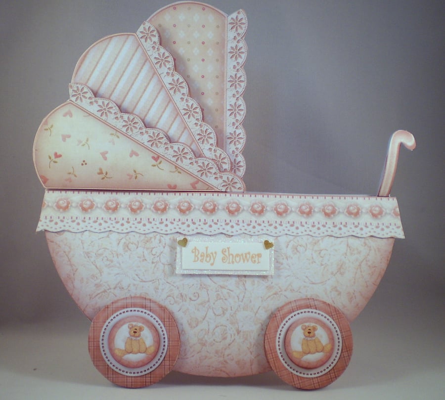 Handmade Baby Shower Pram Shaped Greeting Card, Neutral colours, 3D