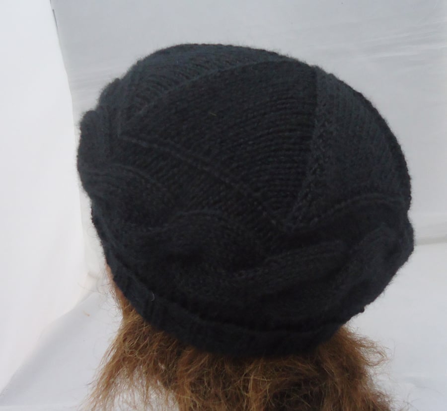 Hand Knit Women Cable Hat, Women Beret, Women Hat in Black