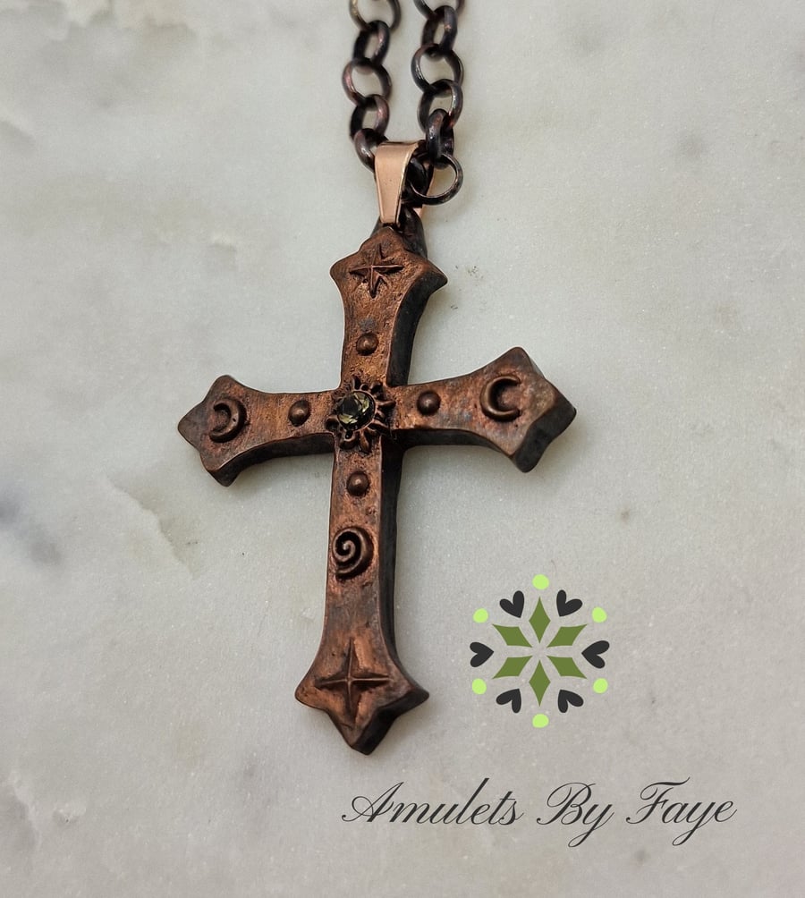 Large Copper Cross Pendant, Sun, Moons, Stars, Spiral with Citrine Gem Necklace.