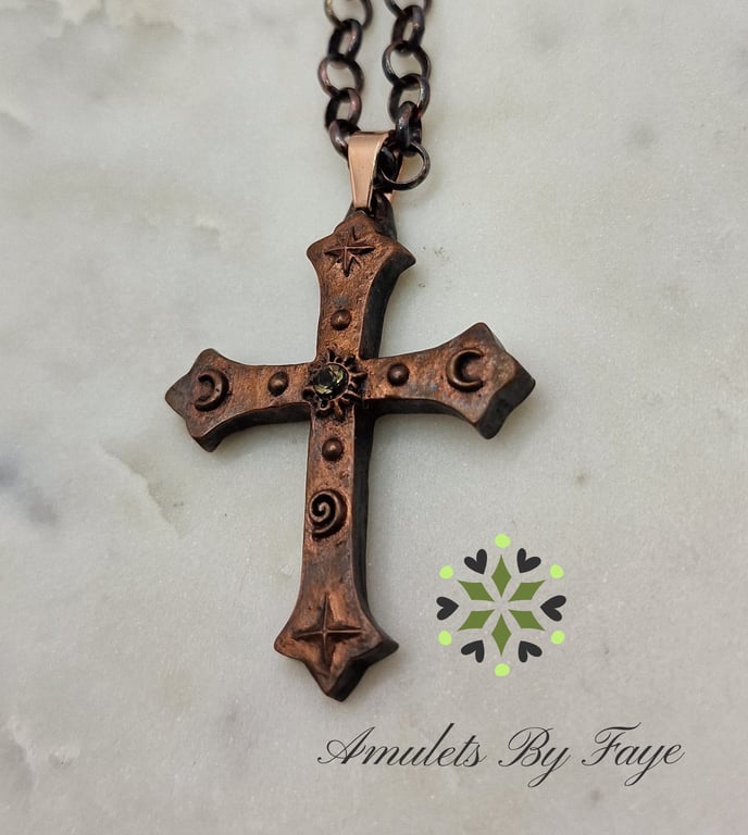 Large Copper Cross Pendant, Sun, Moons, Stars, Spiral with Citrine Gem Necklace.