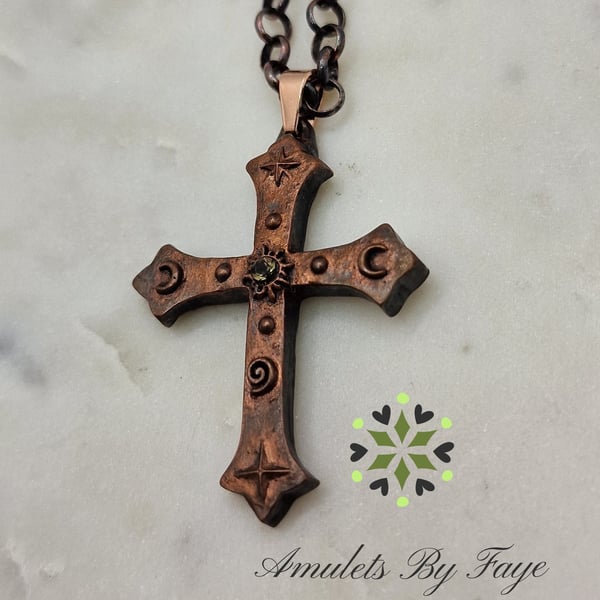 Large Copper Cross Pendant, Sun, Moons, Stars, Spiral with Citrine Gem Necklace.