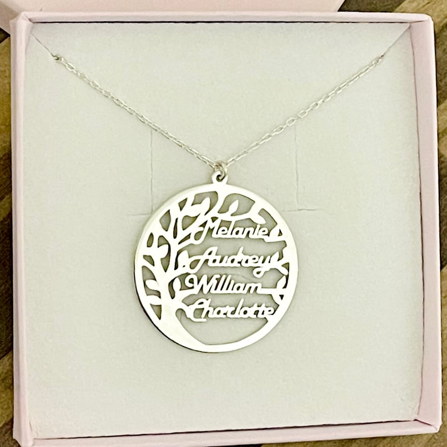 Personalised 925 Sterling Silver Family Tree Name Necklace, 3.3cm