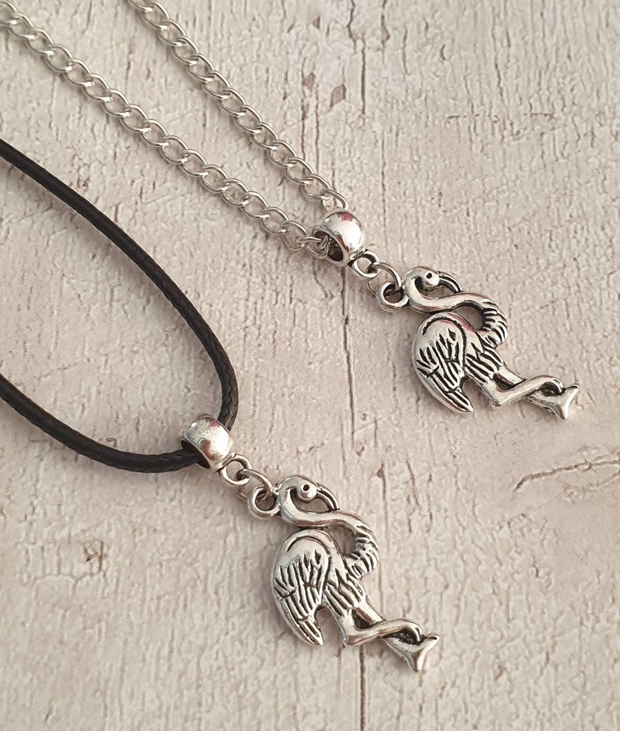 Antique Silver Flamingo Charm Necklace - Silver Plated Or Waxed Cord Variations