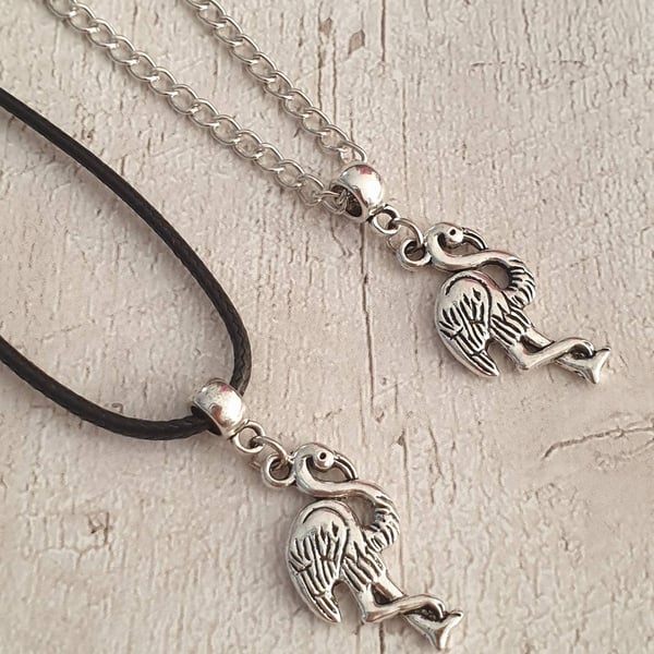 Antique Silver Flamingo Charm Necklace - Silver Plated Or Waxed Cord Variations