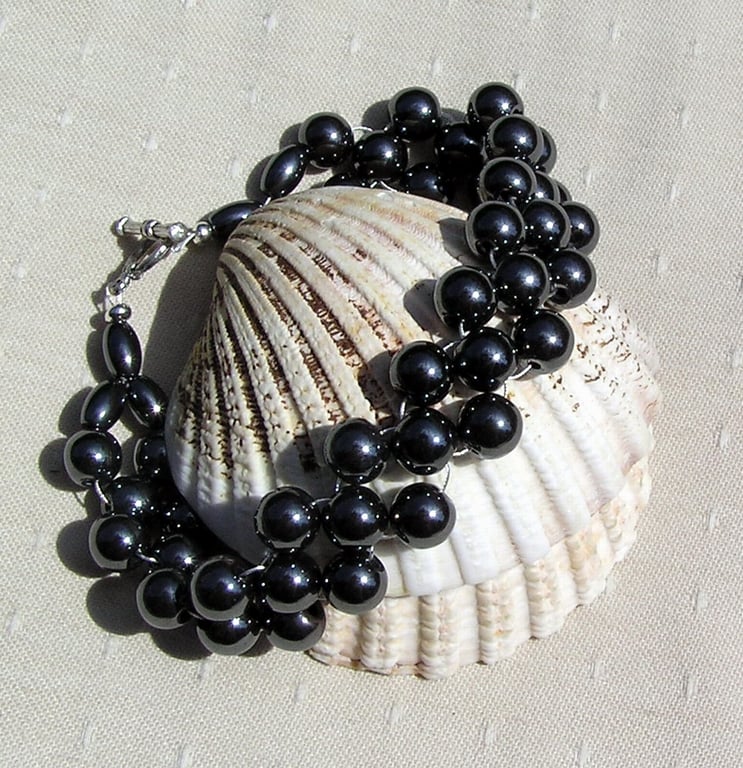 Black Hematite Crystal Gemstone Woven Gothic Cuff Bracelet "Gallant"