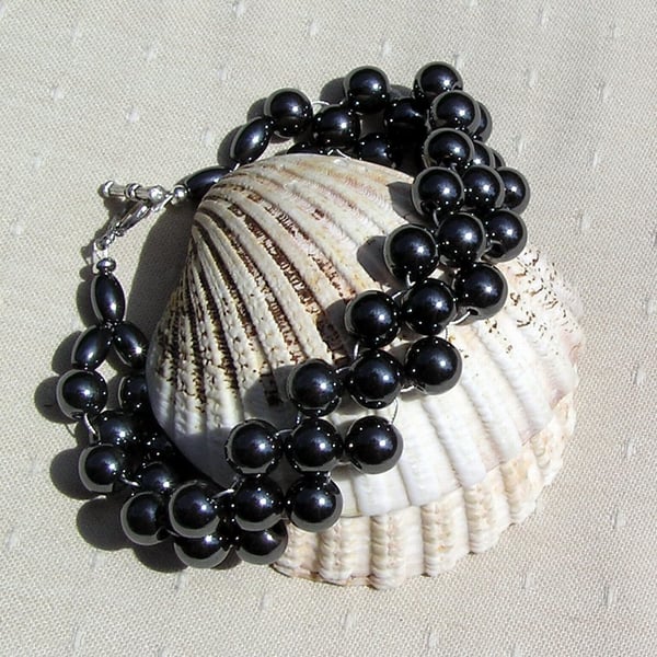 Black Hematite Crystal Gemstone Woven Gothic Cuff Bracelet "Gallant"