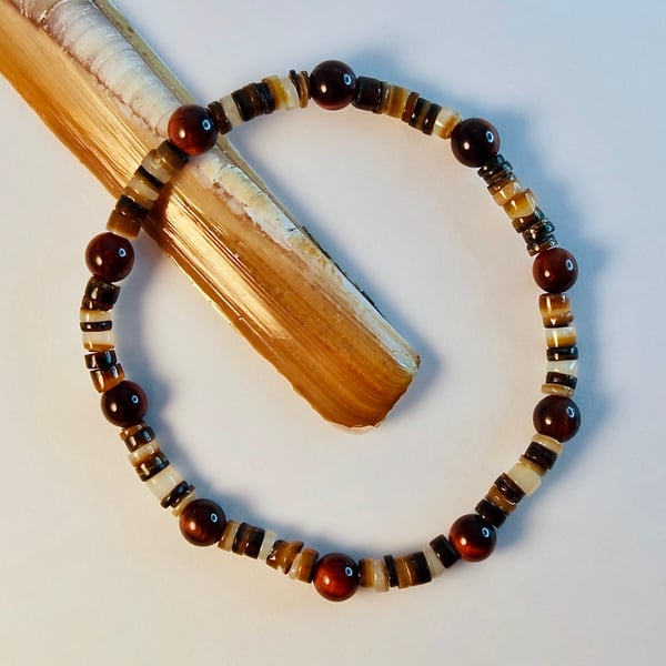 Tigers Eye & Shell Large Unisex Bracelet - Anniversary, Fathers Day Gift For Him