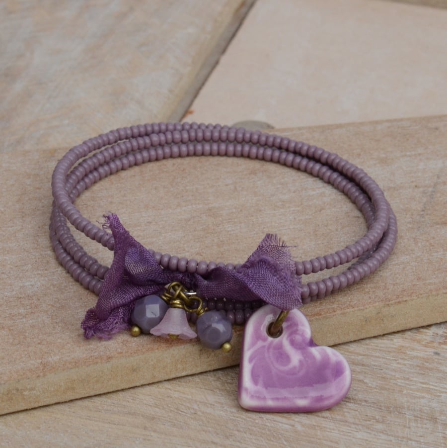 Lilac Purple Wrap Seed Bead Bracelet with Ceramic Heart, Silk Ribbon & Beads