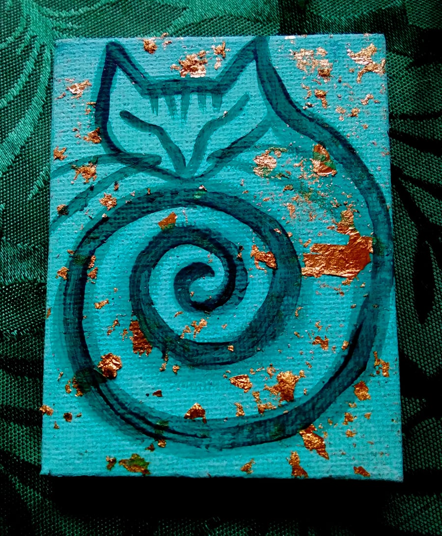 Turquoise and gold cat painting 