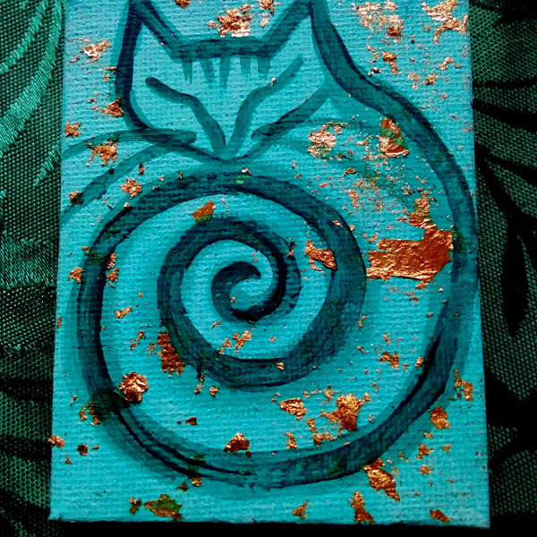 Turquoise and gold cat painting 