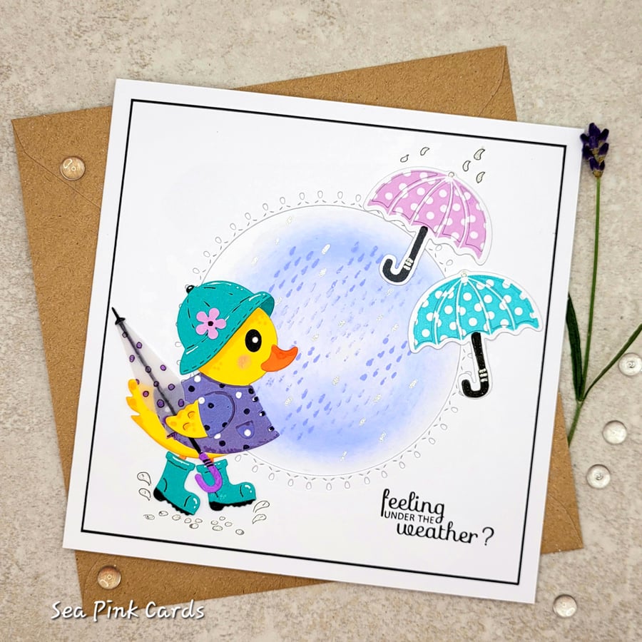 Get Well Card - thinking of you, feel better, encouragement, duck, umbrella