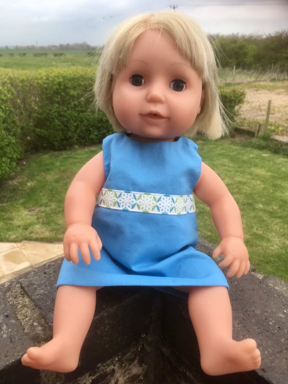 Reversible Blue grey Dolls Dress with pocket, Tiny Tears, Baby Born, Our Gent