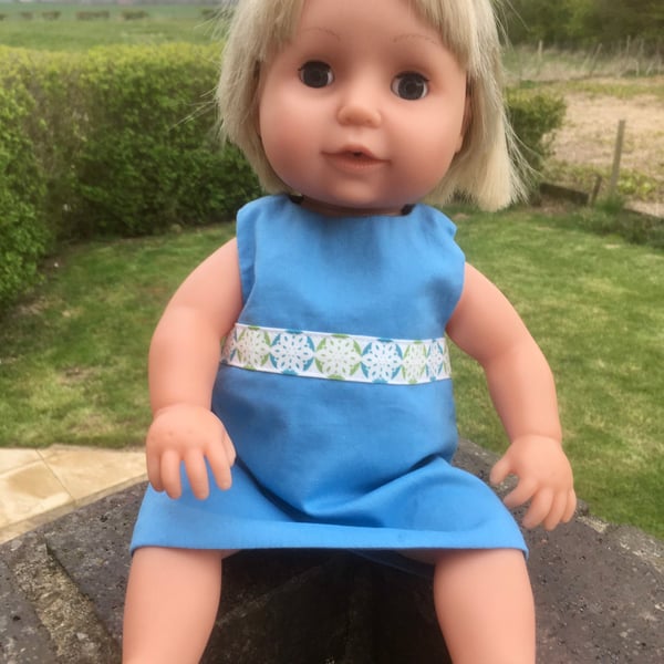 Reversible Blue grey Dolls Dress with pocket, Tiny Tears, Baby Born, Our Gent