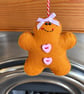 Handmade Felt Gingerbread Christmas Decoration – Lilac Bow & Pink Heart Buttons - Image 2