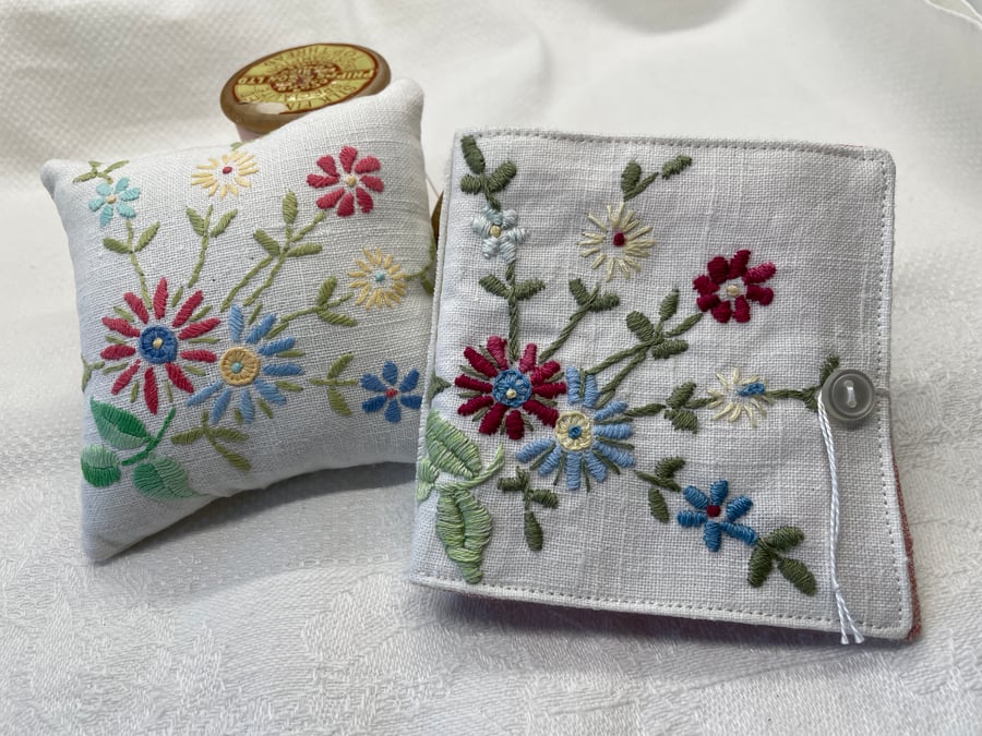 Embroidered Pincushion and needlecase set