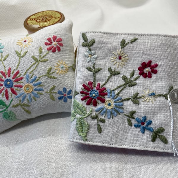 Embroidered Pincushion and needlecase set