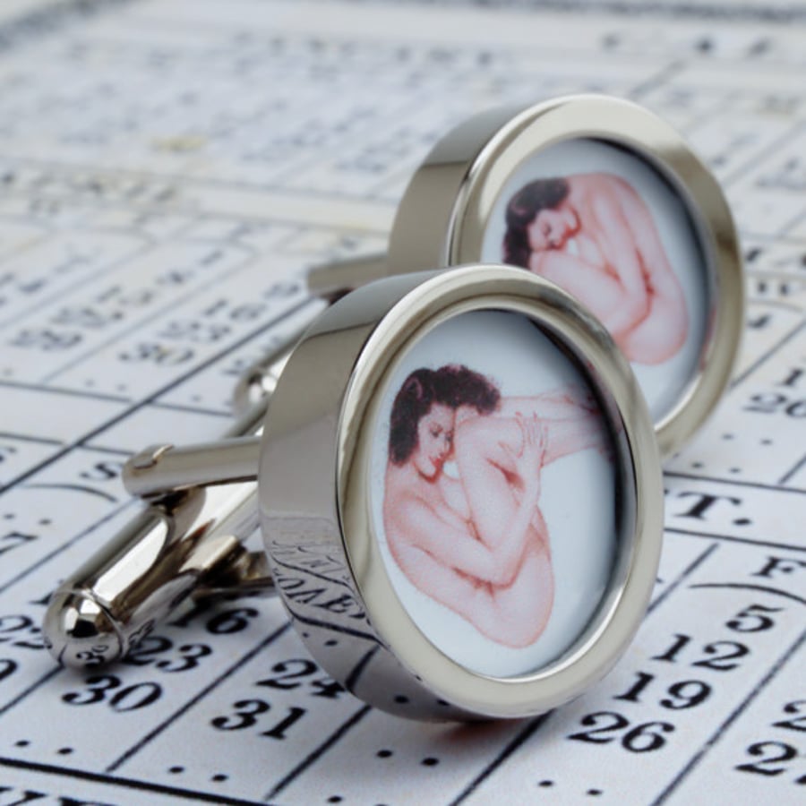 Erotic Woman Cufflinks Naked Pinup in High Heels 