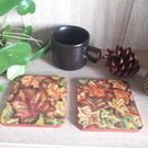 Autumn leaves handpainted coasters, set of two.  