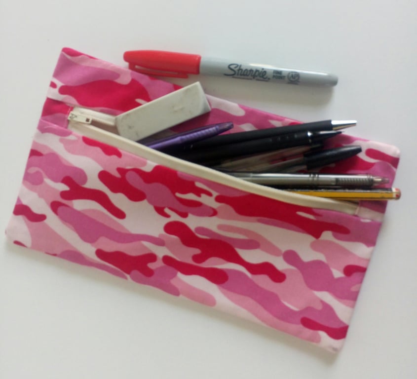 Pencil case, Pink Camouflage pencil case, back to school, zipped pouch bag