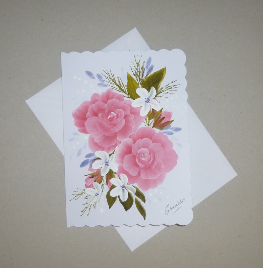 hand painted roses floral greetings card ( ref FA 197 G4 )