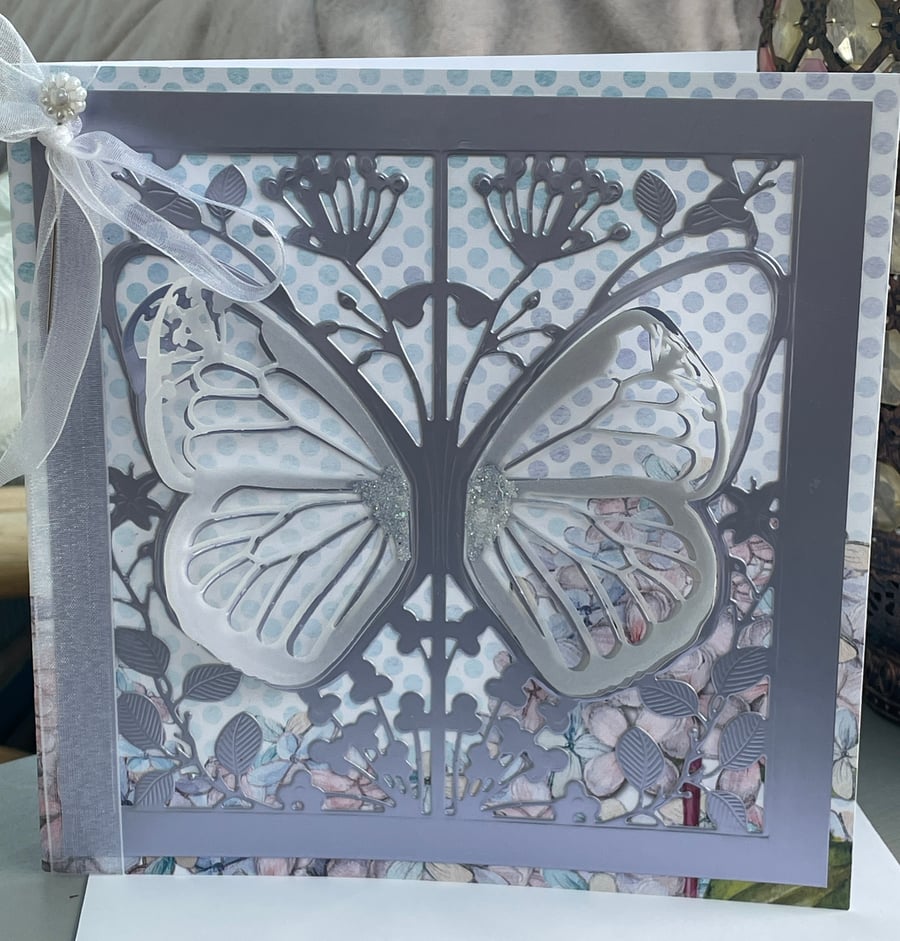 Beautiful butterfly die cut panel card with flowers and bow