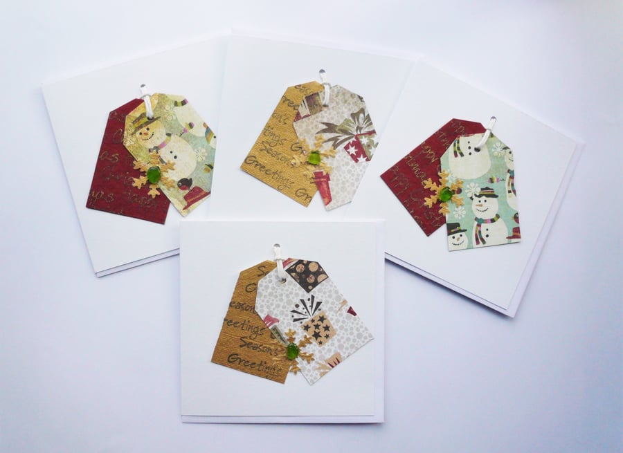 Snowman and Presents Tag Style Sea Glass Shell Christmas Cards  Pack of 4