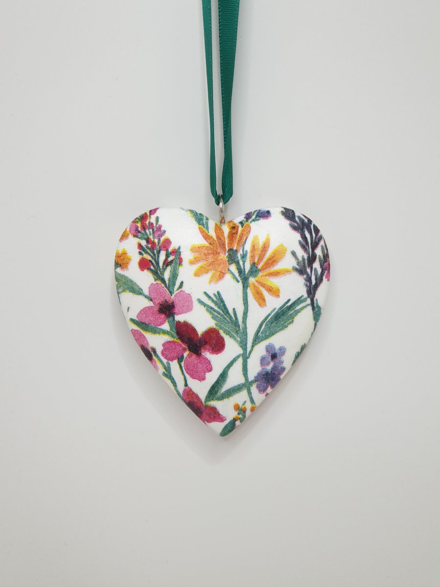 Wooden heart decoration, floral hanging heart, pretty gift for her