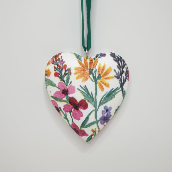 Wooden heart decoration, floral hanging heart, pretty gift for her
