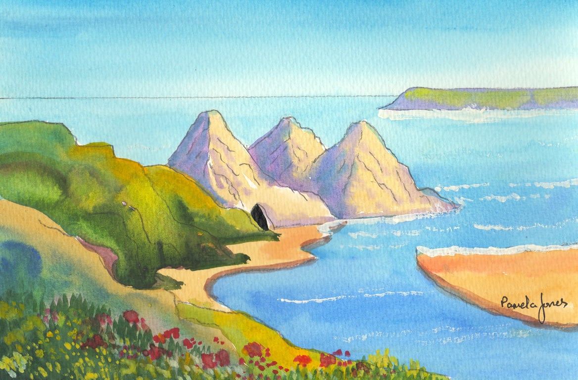 Three Cliffs Bay, Gower, Wales, Original Watercolour, In 14 x 11 '' Mount
